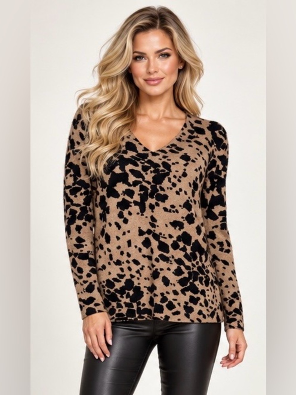 Burberry London Leopard Print Cashmere Wool Silk V-Neck Sweater, Size Large